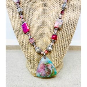 Druzy Agate Rainbow Pendant with Pink Green Blue Accent Bead Statement Necklace